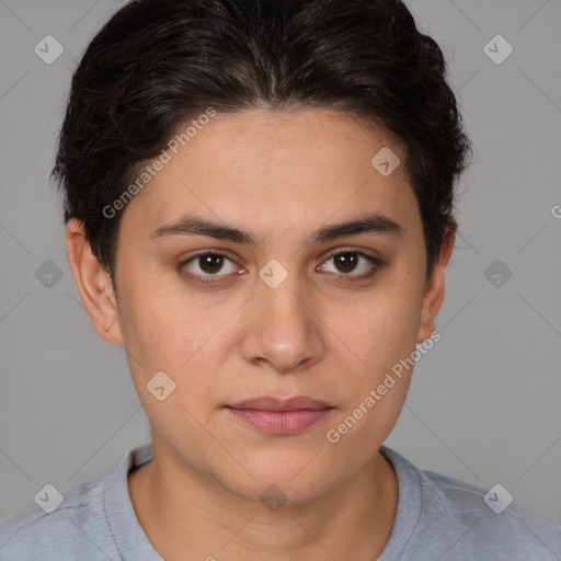 Joyful white young-adult female with short  brown hair and brown eyes