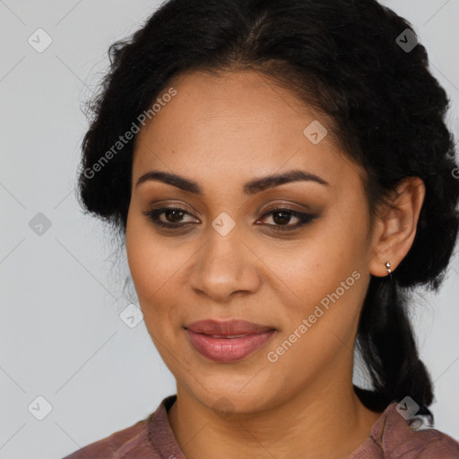 Joyful latino young-adult female with medium  brown hair and brown eyes