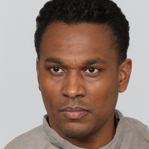 Neutral black adult male with short  black hair and brown eyes