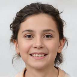 Joyful white child female with medium  brown hair and brown eyes