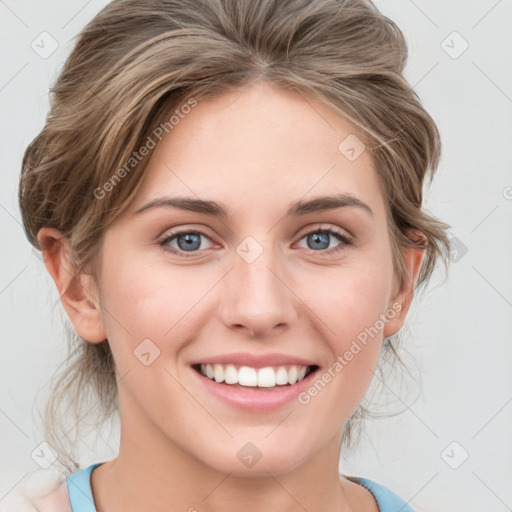 Joyful white young-adult female with medium  brown hair and blue eyes