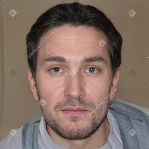 Neutral white adult male with short  brown hair and brown eyes