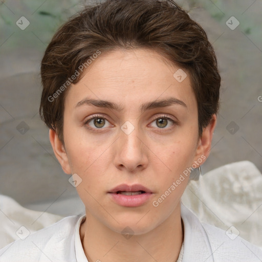 Neutral white young-adult female with short  brown hair and brown eyes