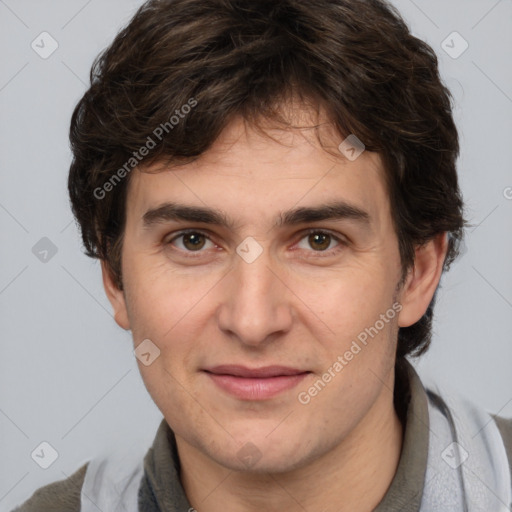 Joyful white young-adult male with medium  brown hair and brown eyes