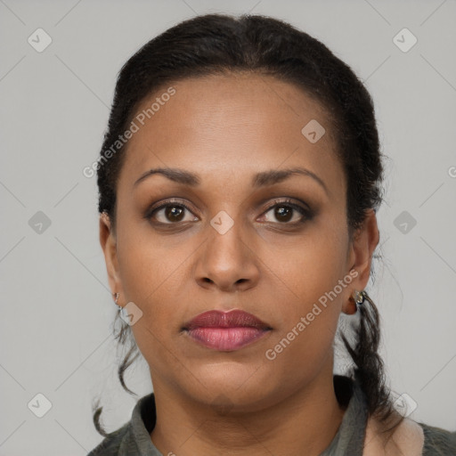 Neutral black young-adult female with short  brown hair and brown eyes