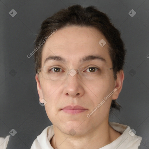 Joyful white adult female with short  brown hair and brown eyes