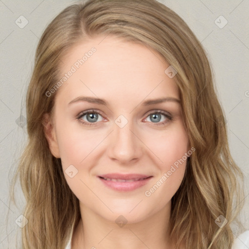 Joyful white young-adult female with long  brown hair and green eyes