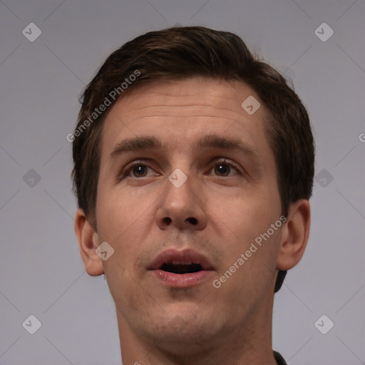 Neutral white adult male with short  brown hair and brown eyes