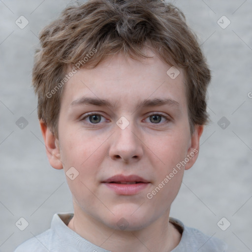 Neutral white young-adult male with short  brown hair and grey eyes