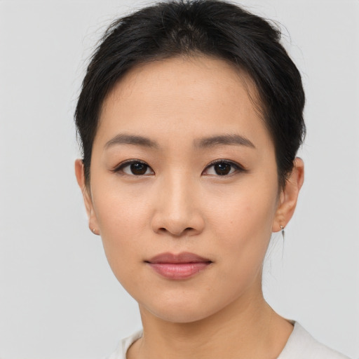 Neutral asian young-adult female with short  black hair and brown eyes