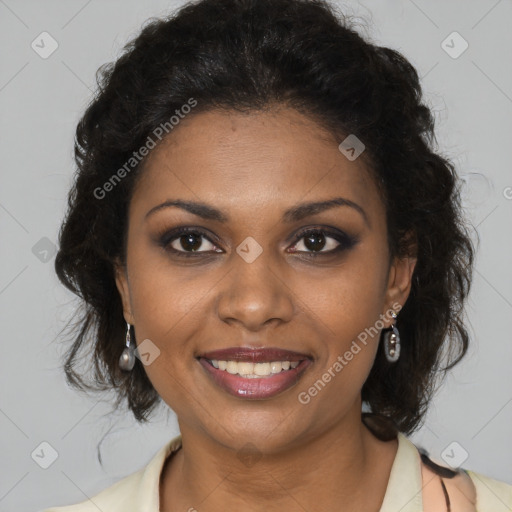 Joyful black young-adult female with long  brown hair and brown eyes