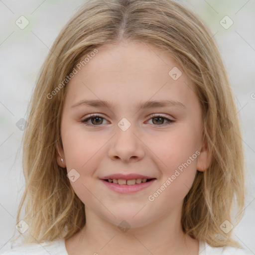 Joyful white child female with medium  brown hair and brown eyes