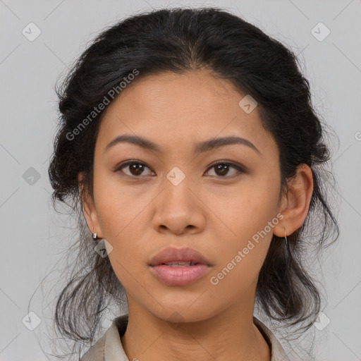 Neutral asian young-adult female with medium  brown hair and brown eyes