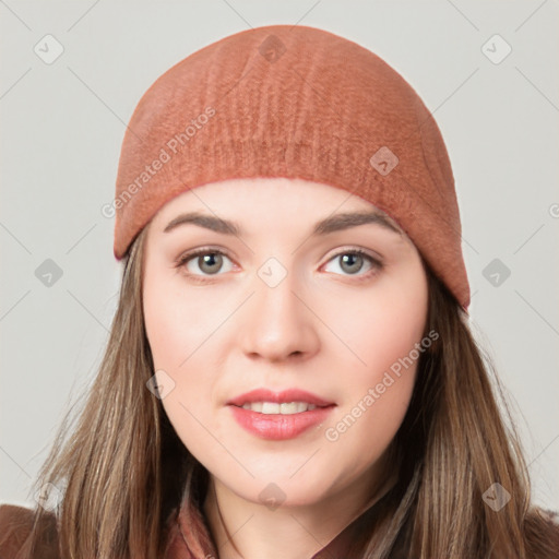 Neutral white young-adult female with long  brown hair and grey eyes