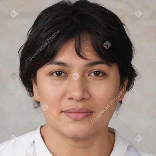 Neutral white young-adult female with medium  brown hair and brown eyes