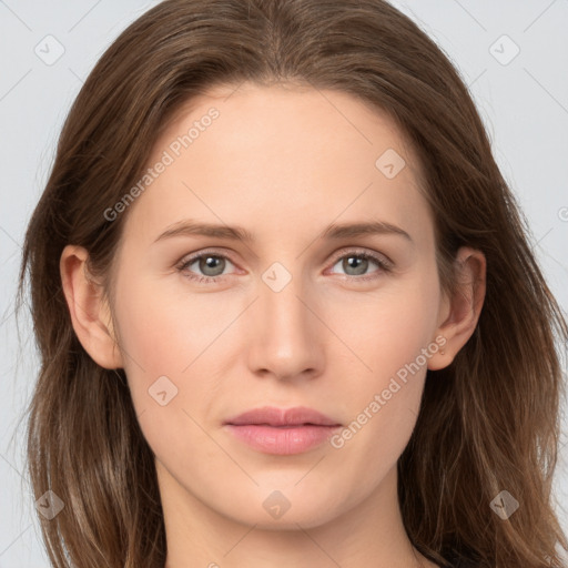 Neutral white young-adult female with long  brown hair and grey eyes