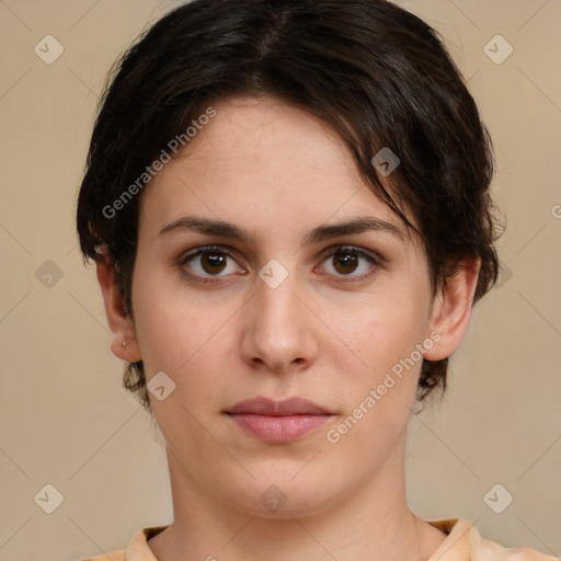 Neutral white young-adult female with short  brown hair and brown eyes