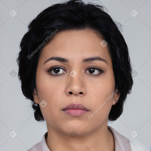 Neutral asian young-adult female with medium  black hair and brown eyes