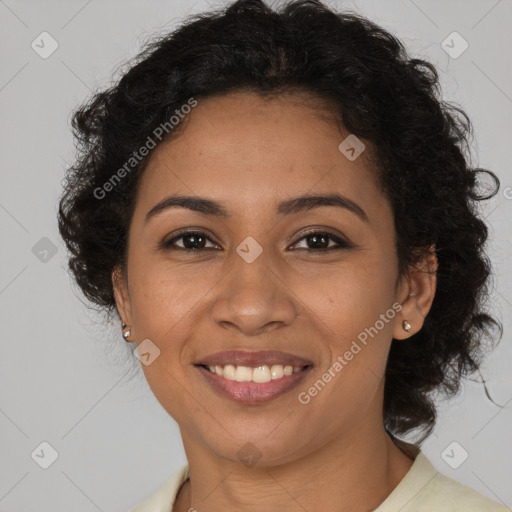 Joyful latino young-adult female with long  brown hair and brown eyes