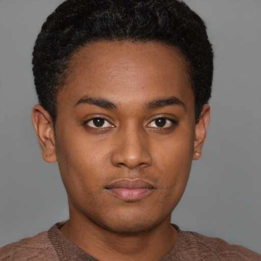 Neutral black young-adult male with short  black hair and brown eyes