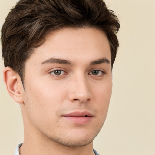 Neutral white young-adult male with short  brown hair and brown eyes