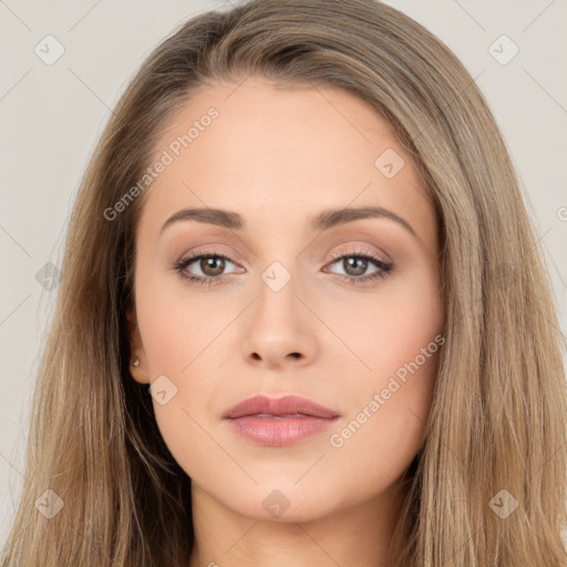 Neutral white young-adult female with long  brown hair and brown eyes