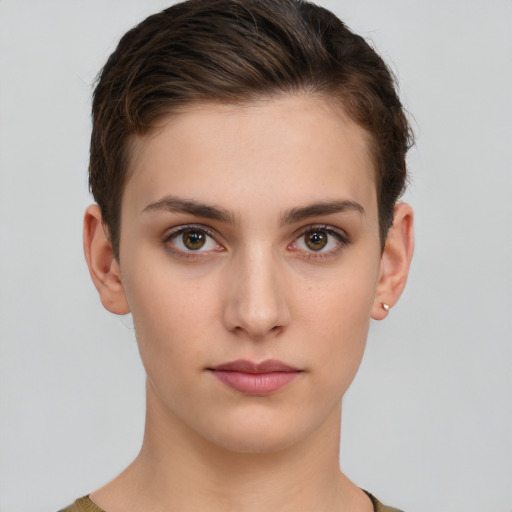 Neutral white young-adult female with short  brown hair and brown eyes