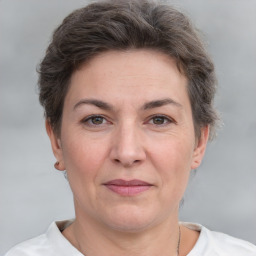 Joyful white adult female with short  brown hair and grey eyes