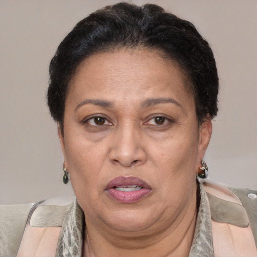 Joyful latino adult female with short  brown hair and brown eyes