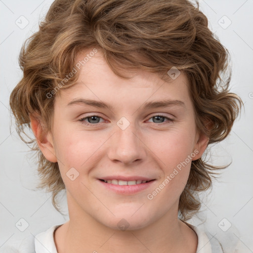 Joyful white child female with medium  brown hair and brown eyes