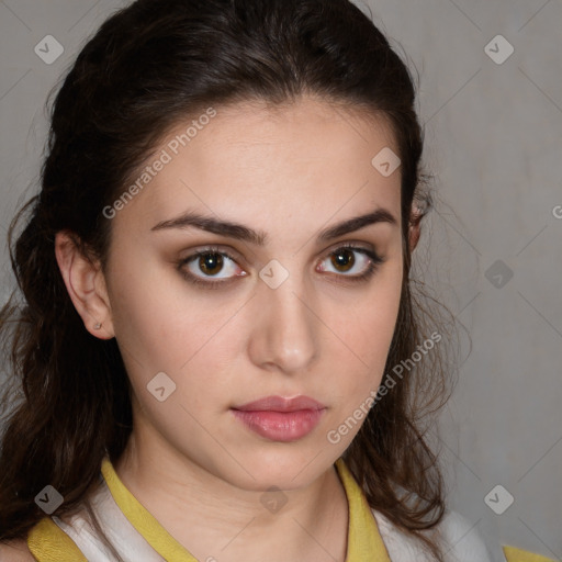 Neutral white young-adult female with medium  brown hair and brown eyes