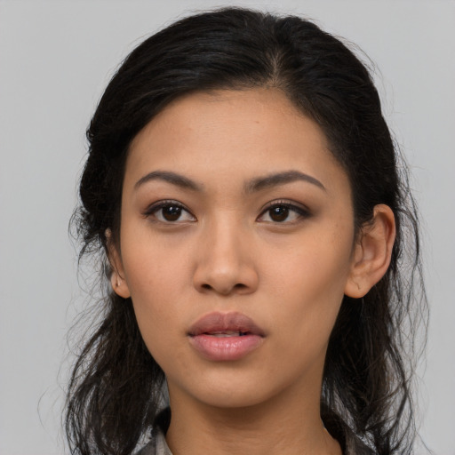Neutral asian young-adult female with long  black hair and brown eyes