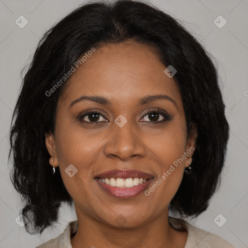 Joyful asian adult female with medium  brown hair and brown eyes