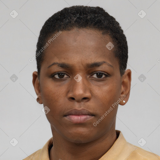 Neutral black young-adult female with short  black hair and brown eyes