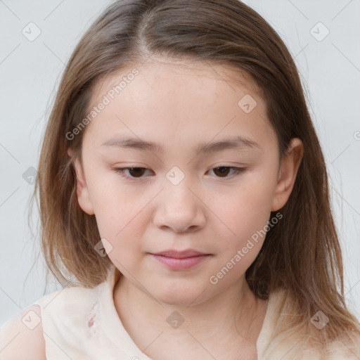 Joyful white child female with medium  brown hair and brown eyes