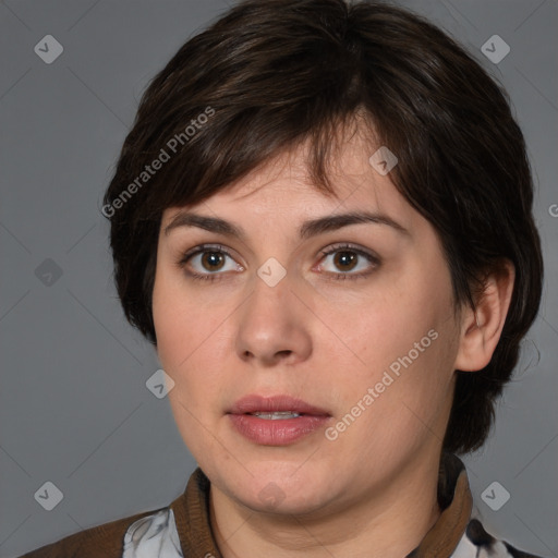 Neutral white young-adult female with medium  brown hair and brown eyes