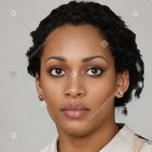 Neutral black young-adult female with short  black hair and brown eyes