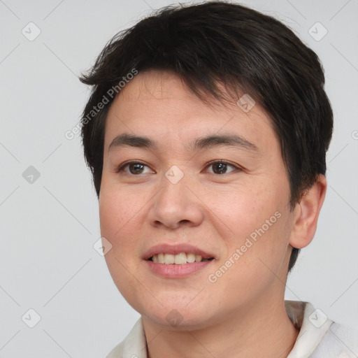 Joyful white young-adult female with short  brown hair and brown eyes