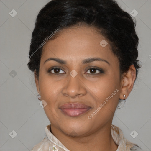 Joyful latino young-adult female with medium  brown hair and brown eyes