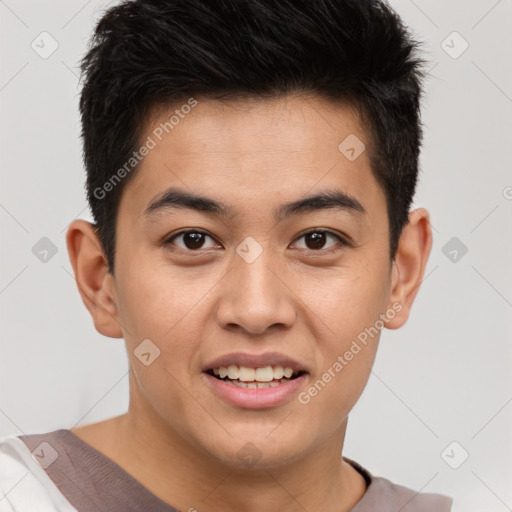 Joyful black young-adult male with short  brown hair and brown eyes