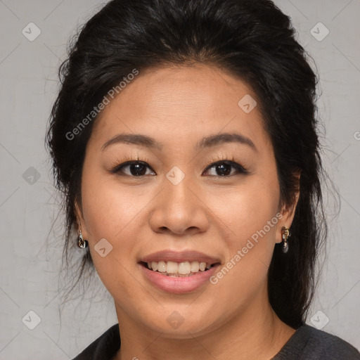 Joyful asian young-adult female with long  brown hair and brown eyes