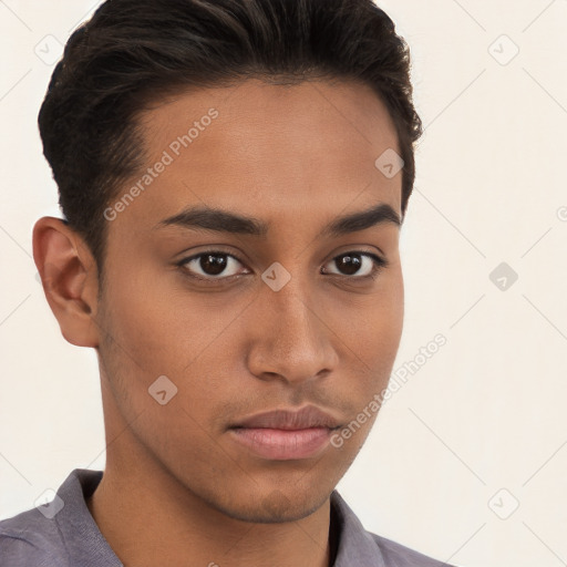 Neutral white young-adult male with short  brown hair and brown eyes