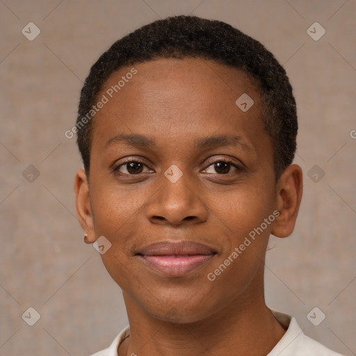 Joyful black young-adult female with short  black hair and brown eyes