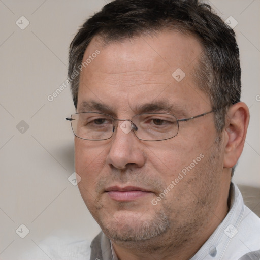 Neutral white adult male with short  brown hair and brown eyes