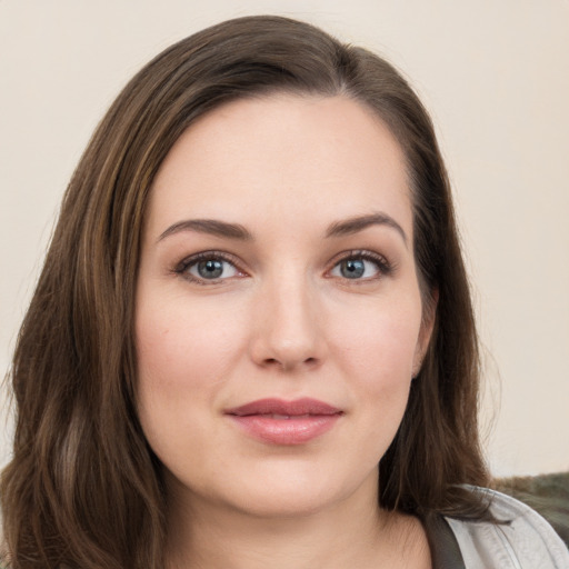 Neutral white young-adult female with long  brown hair and grey eyes