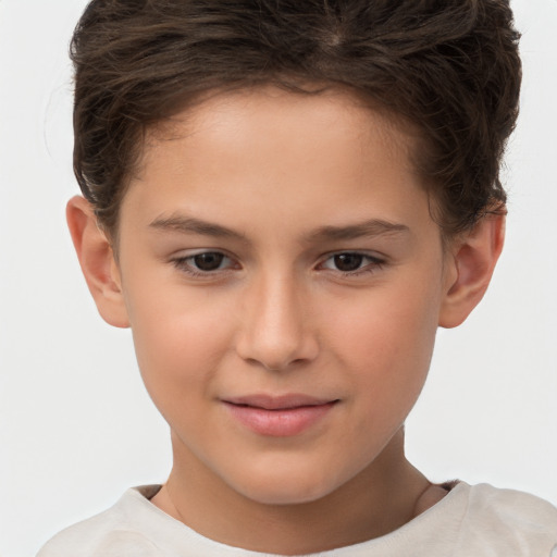 Joyful white child female with short  brown hair and brown eyes