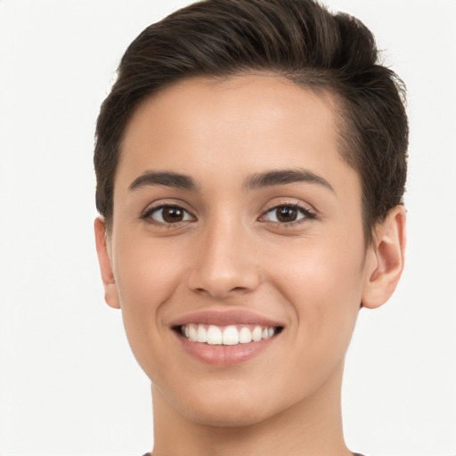 Joyful white young-adult female with short  brown hair and brown eyes