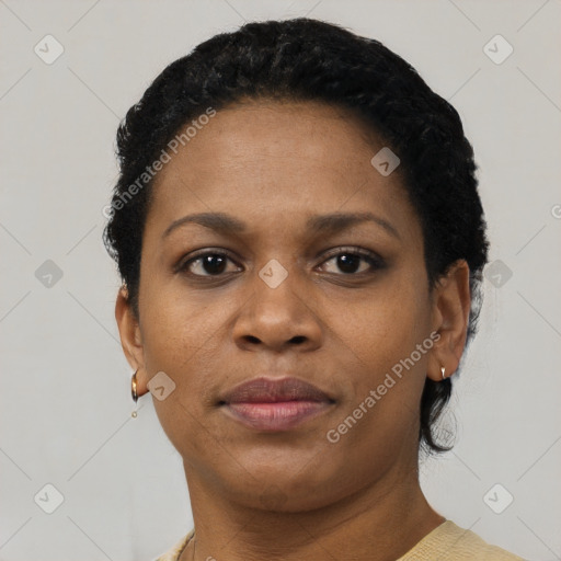 Neutral black young-adult female with short  black hair and brown eyes
