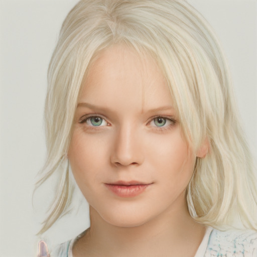 Neutral white young-adult female with medium  blond hair and blue eyes