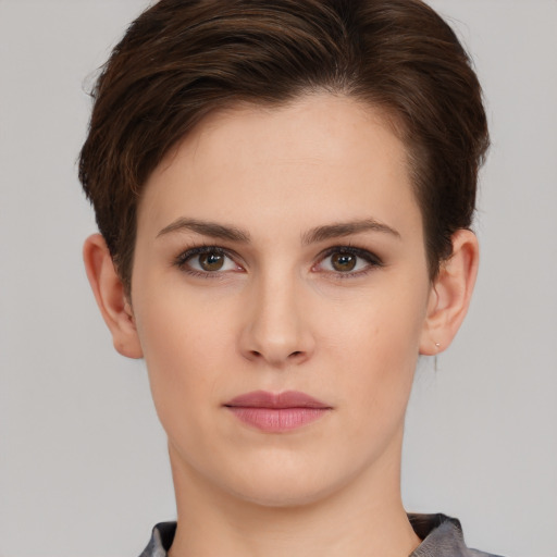 Neutral white young-adult female with short  brown hair and brown eyes